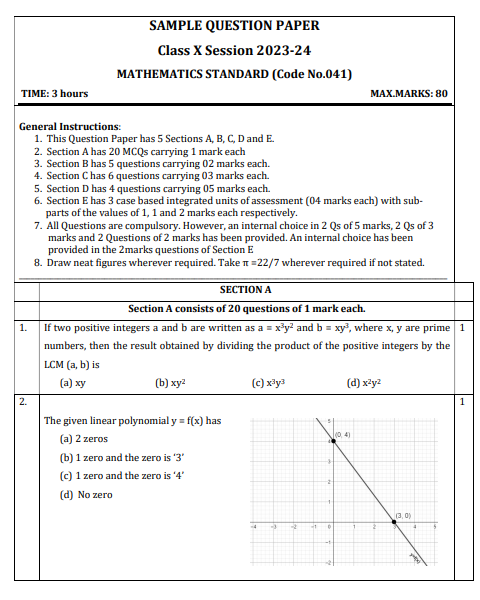 CBSE Class 10th Maths Exam Sample Question Paper And Marking Scheme ...